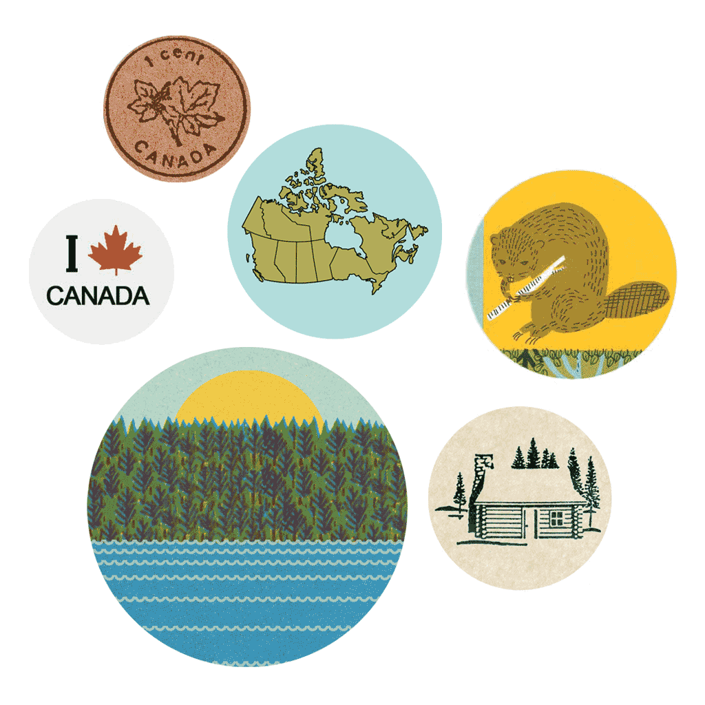 This button pack comes with 6 buttons of assorted sizes. One map, one beaver, one cabin in the woods, one forest scene, one penny and a button that says "I 'maple leaf' Canada.