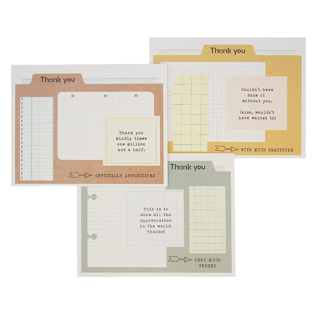 When official thanks are in order, these cards much needed. 3 different designs that look like vintage folders with graph paper bits of paper on them and thoughtful typewritten notes of thanks on each. Boxed set contains 12 assorted cards (blank inside) & 12 white envelopes. Includes 4 of each design. Cards measure 4¼” x 5½”.