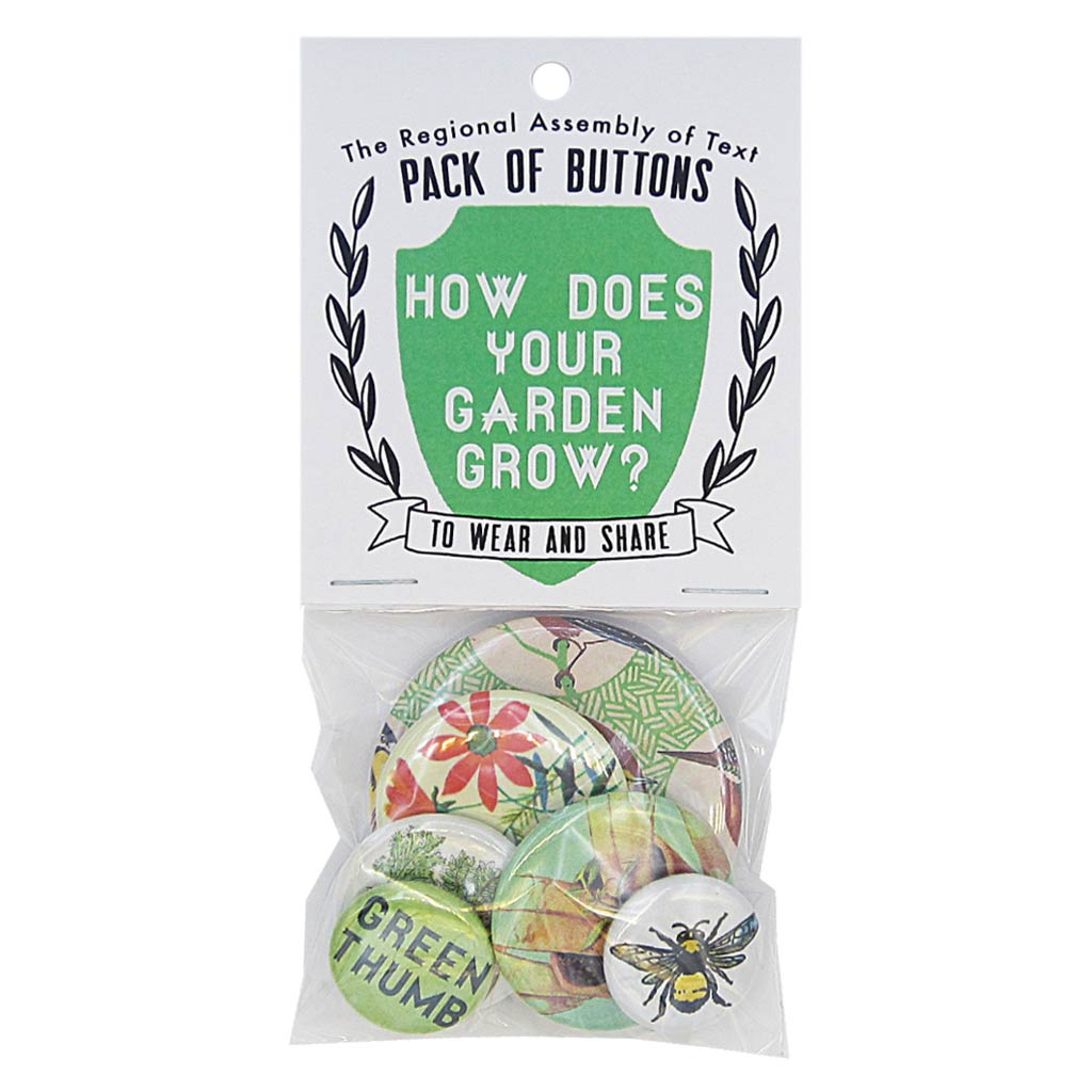 This pack of buttons has 6 buttons of varying sizes. Button images include Gardening themed buttons. Designed by The Regional Assembly of Text.