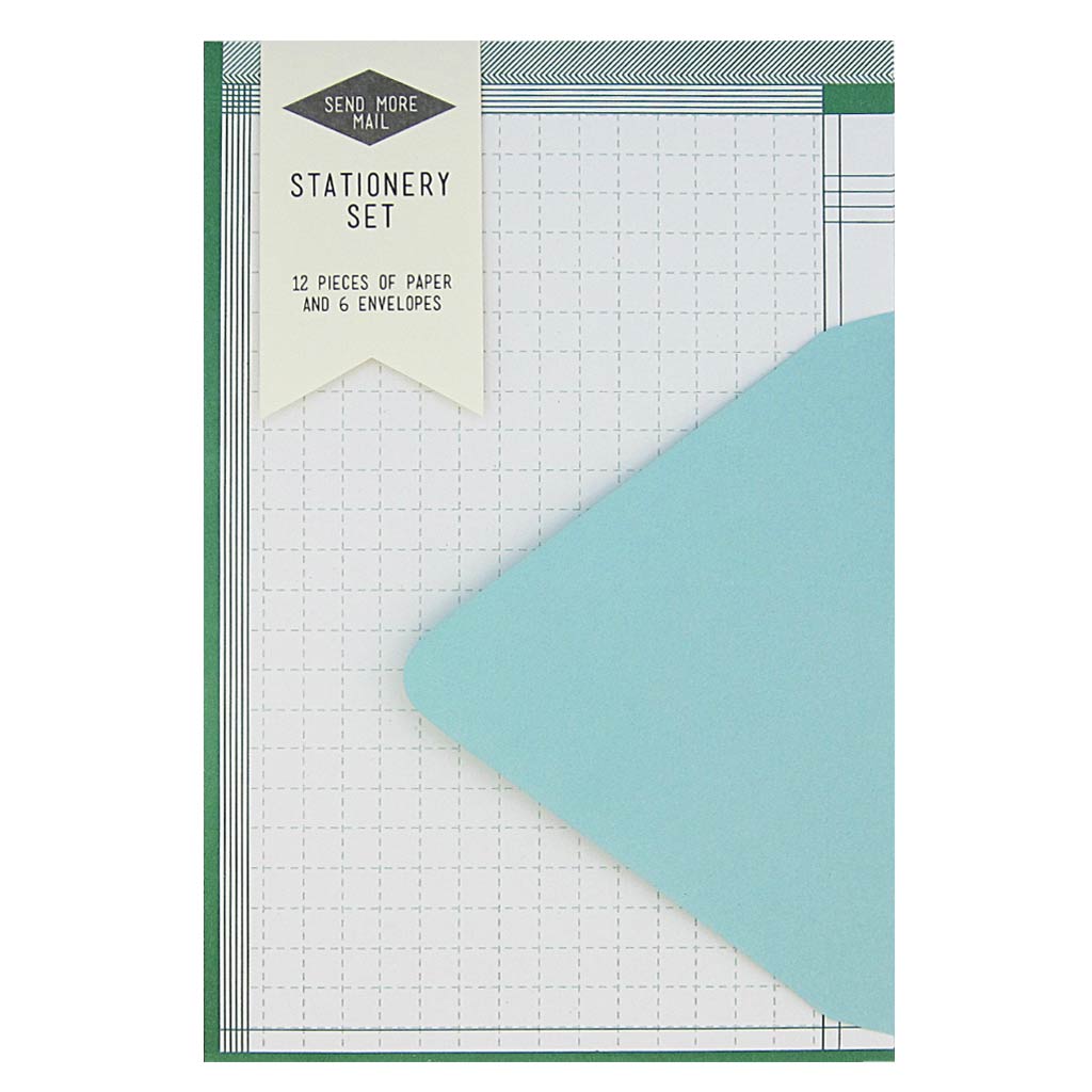 This stationery set comes with 12 identical green graph pieces of paper and 6 pool blue envelopes. Paper folds in half to fit inside the 4 ¼” x 5 ½” envelopes.
