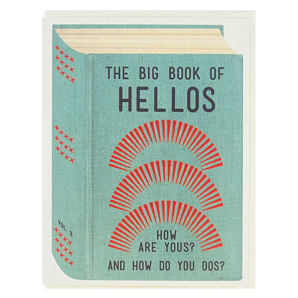 This greeting card looks like a vintage book and is perfect for all the bookworms and literary types in your life. The cover says… The Big Book of Hellos, How are Yous? and How Do You Do’s. Card measures 4¼” x 5½”, comes with a cream envelope & is blank inside. Designed by The Regional Assembly of Text.
