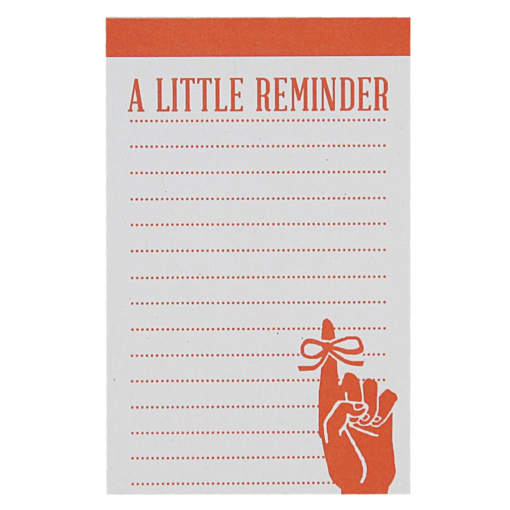 Never forget a thing with this cute little notepad. Has a little orange image of a finger with a ribbon tied around it and the text “A Little Reminder”. Measures 2½” x 4″ and has approximately 50 pages of recycled paper. Designed by The Regional Assembly of Text.