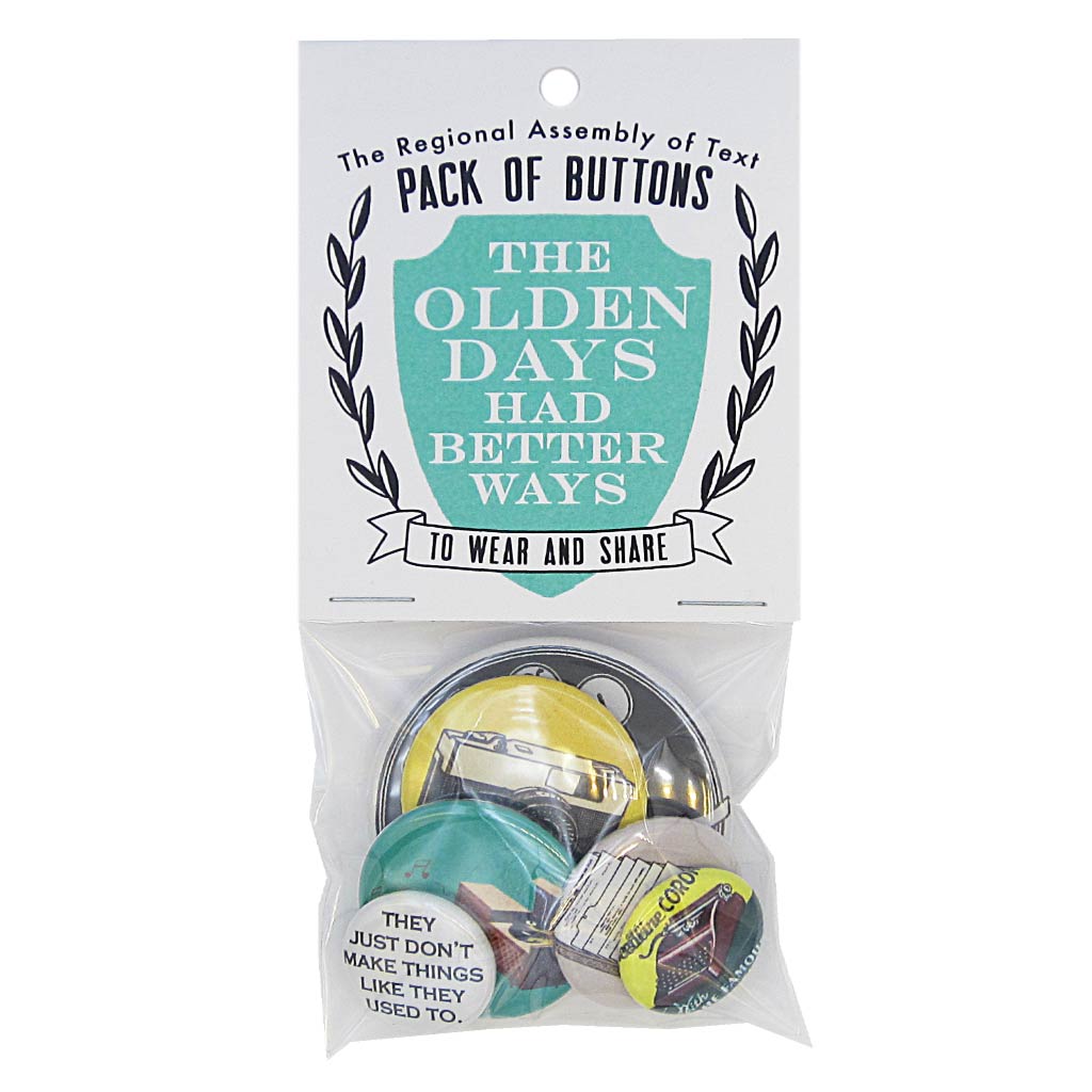 This pack of buttons has 6 buttons of varying sizes. Button images include Olden Days themed buttons. Designed by The Regional Assembly of Text.