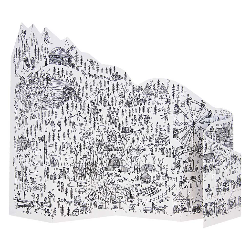 Let yourself be folded up in all the little details of this little world. A landscape of miniature drawings of all sorts of scenes bleeding into one another: a country fair, a rodeo, a logging camp, a ghost town, a lake, a tiny town... all with tiny people going about their business.A delightful look into the ways of the past.