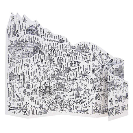 Let yourself be folded up in all the little details of this little world. A landscape of miniature drawings of all sorts of scenes bleeding into one another: a country fair, a rodeo, a logging camp, a ghost town, a lake, a tiny town... all with tiny people going about their business.A delightful look into the ways of the past.