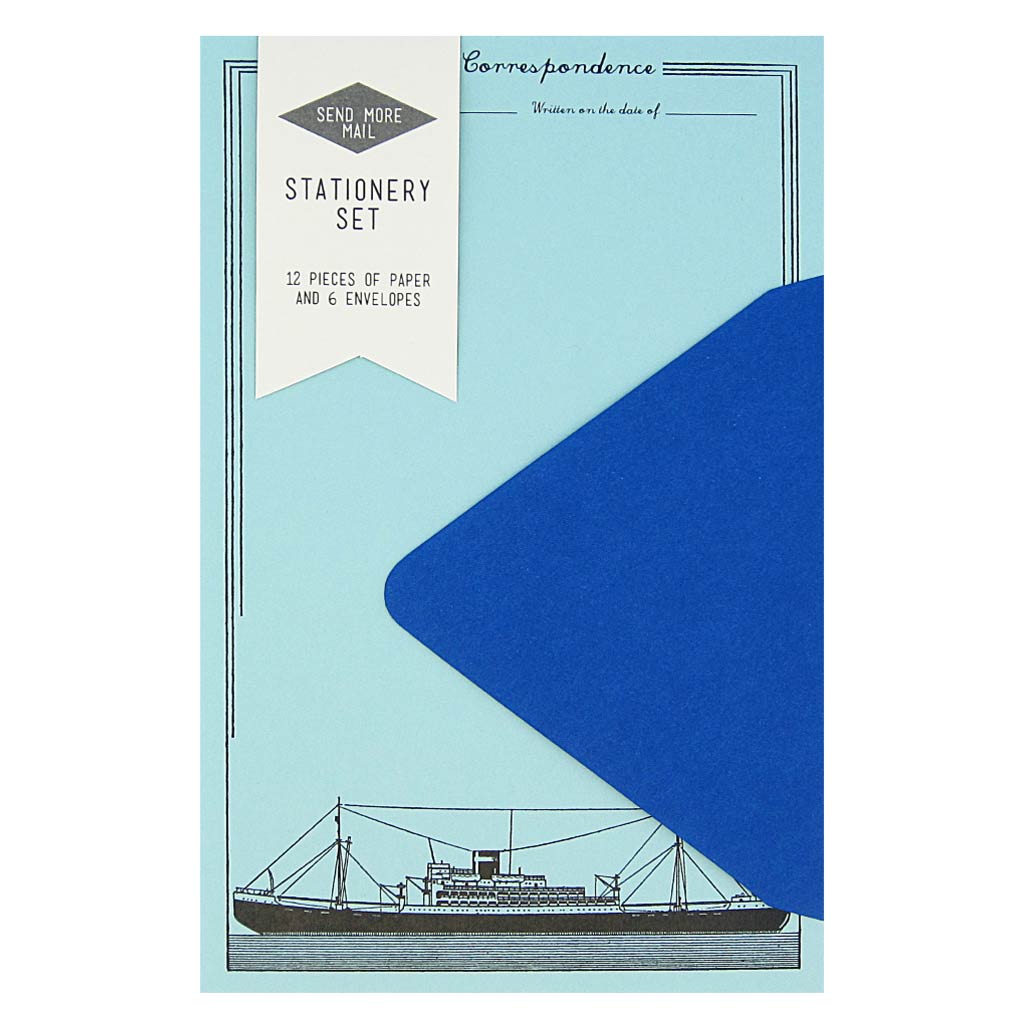 This stationery set comes with 12 identical ship themed pieces of pool blue paper and 6 royal blue envelopes. Paper folds in half to fit inside the 4 ¼” x 5 ½” envelopes.