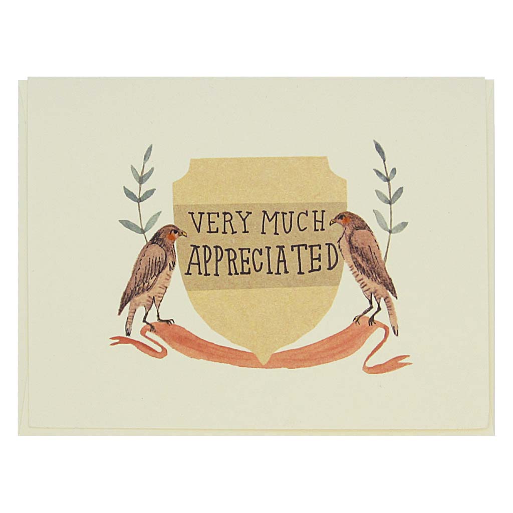 This beautiful thank you card features a watercolour painting of two hawks on either side of a crest that reads ‘Very Much Appreciated’. Card measures 4¼” x 5½”, comes with a cream envelope & is blank inside. Designed by The Regional Assembly of Text.