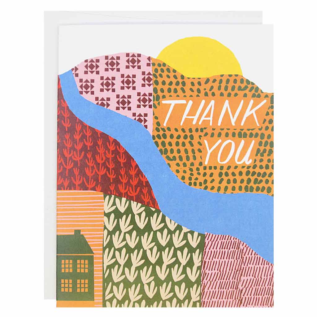 When thanks are in order, these cards will do just the trick. Features a bright collage of a rolling hills and a river and the sun on the horizon with hand drawn text that reads 'Thank You'.. Boxed set contains 12 identical cards (blank inside) & 12 white envelopes. Cards measure 4¼” x 5½”.