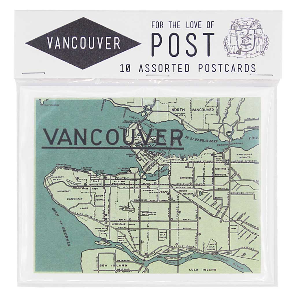 Let people know you’re in Vancouver with this pack of locally themed postcards. Contains 10 postcards, 2 of each design. Postcards measure 4 ¼” x 5 ½”. 