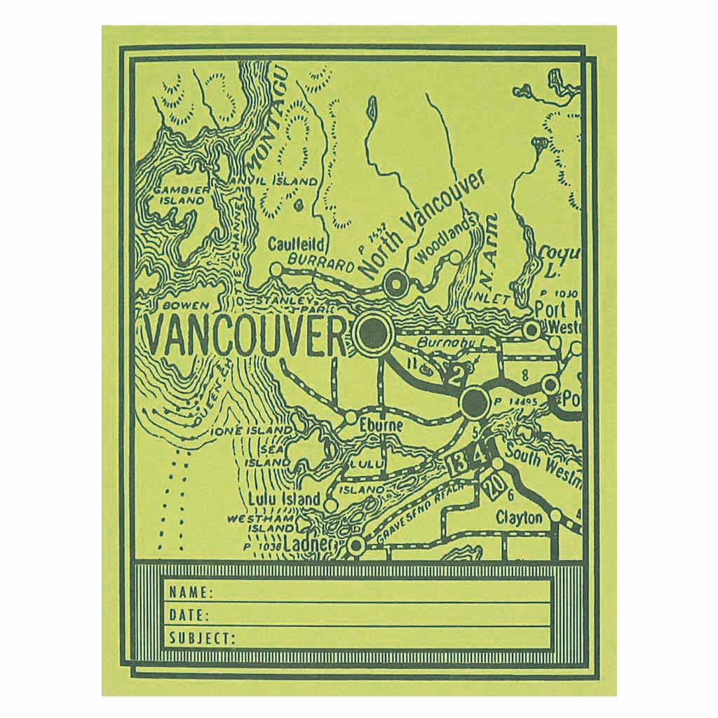 This simple little notebook is contains 14 pages of plain white recycled paper. It is chartreuse with a dark green map on Vancouver on the cover and old school multiplication tables on the back.Measures 5 ¼” x 7” and is staple bound.