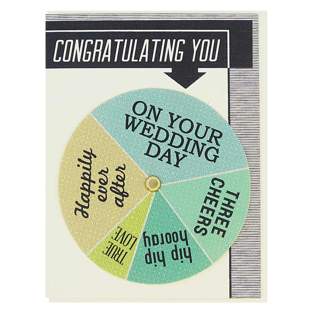 This wedding card has text at the top that says ‘Congratulating You’ and an arrow pointing to a colourful wheel that you can spin to select different sentiments including…’Happily Ever After, Hip Hip Hooray, True Love’. Card measures 4¼” x 5½”, comes with a cream envelope & is blank inside. Designed by The Regional Assembly of Text.