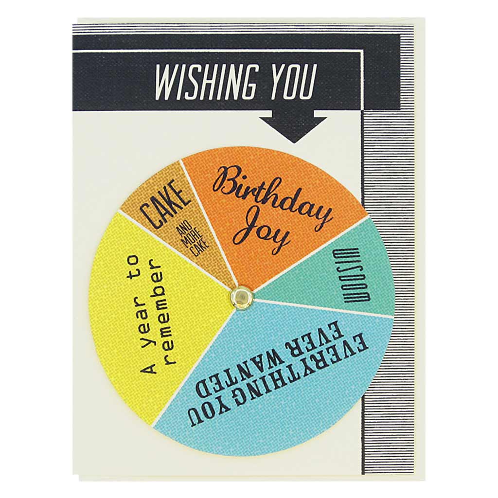 This birthday card has text at the top that says ‘Wishing You’ and an arrow pointing to a colourful wheel that you can spin to select different sentiments including…’Birthday Joy, Cake and more cake, A year to remember’. Card measures 4¼” x 5½”, comes with a cream envelope & is blank inside. Designed by The Regional Assembly of Text.