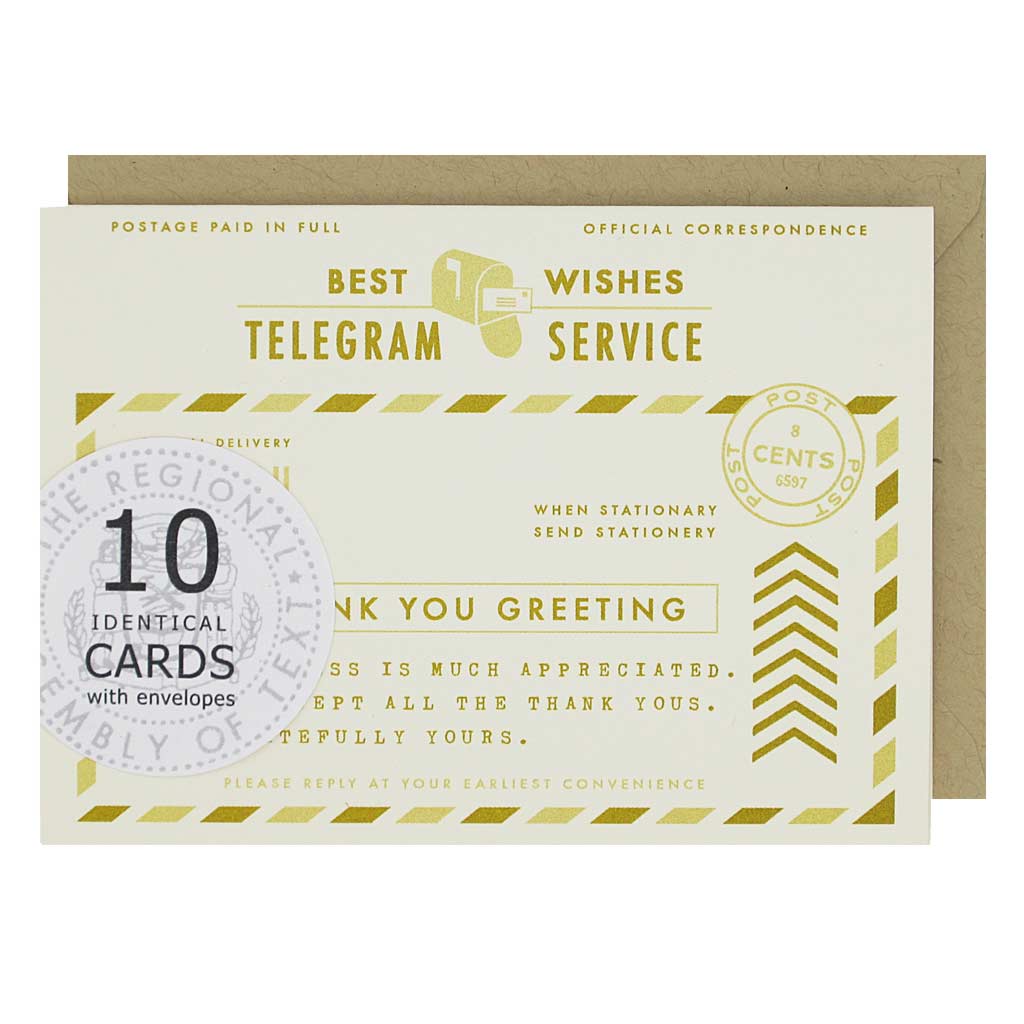 Send an official thank you with these telegram cards. Image is a replica of an old telegram with thank you greetings. Boxed set contains 10 identical cards (blank inside) & 10 kraft envelopes. Cards measure 3½”x 5”.