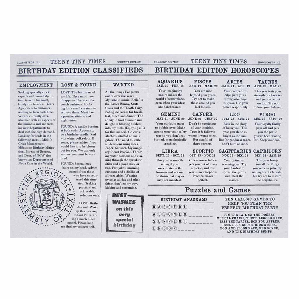 Horoscopes for the birthday person. Looks like a page from the newspaper.Card measures 4¼” x 5½”, comes with a white envelope & is blank inside.