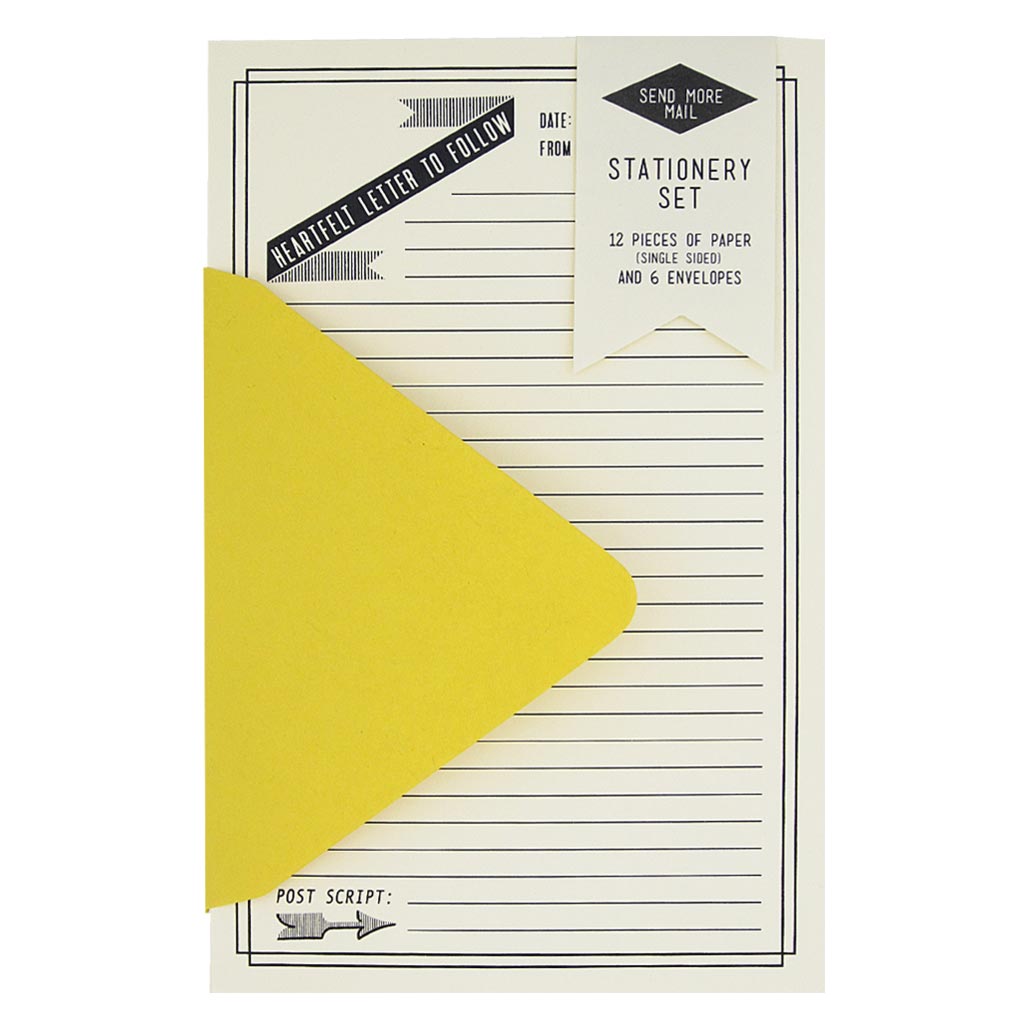This stationery set comes with 12 identical soft white, single sided lined pieces of paper and 6 curry yellow envelopes. Paper folds in half to fit inside the 4 ¼” x 5 ½” envelopes.