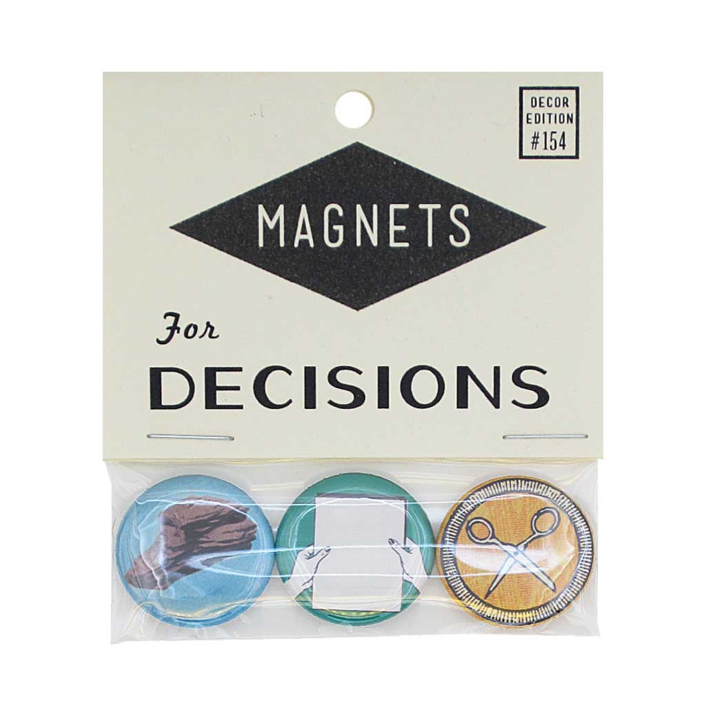 Make some decisions with this pack of three 1" magnets. Features, Rock, Paper, Scissors. Pack measures 3" x 3½".