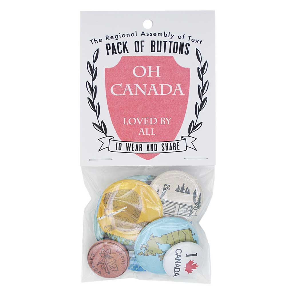 This pack of buttons is designed to wear & share. Contains 6 buttons of varying sizes. A beaver, a cabin, a map of Canada, a penny, a forest scene and a button that says "I (maple leaf image) Canada". Set measures approximately 3” x 6½”.
