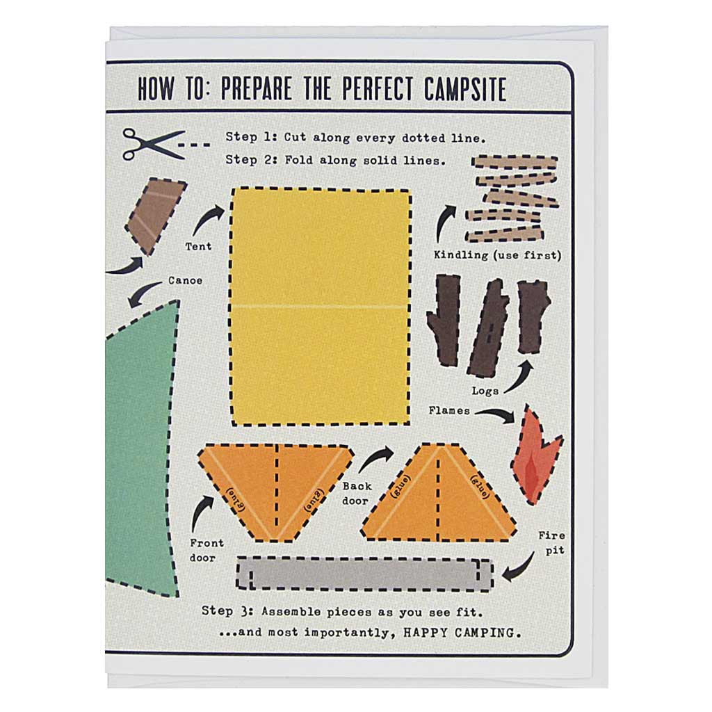 This greeting card is an activity card, which is lovely as is, but which can also be cut up and made into a delightful 3-D bicycle. The text reads, ‘How to: Pepare the Perfect Campsite’. Dotted lines are around each item and it features a tent, lake, canoe and firepit. Card measures 4¼” x 5½”, comes with a white envelope & is blank inside. Designed by The Regional Assembly of Text.