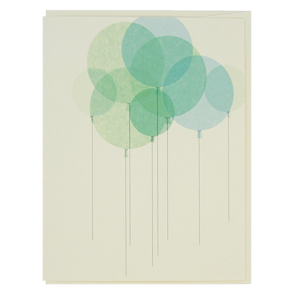 This birthday card is a bunch of pretty overlapping mint green balloons on a cream coloured card. It is very elegant. Hip hip hooray. Measures 4¼” x 5½”, comes with a cream envelope & is blank inside. Designed by The Regional Assembly of Text.
