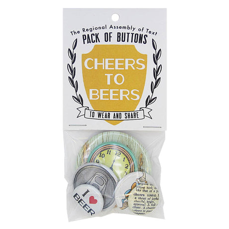 This pack of buttons has 6 buttons of varying sizes. Button images include beer themed buttons. Designed by The Regional Assembly of Text.