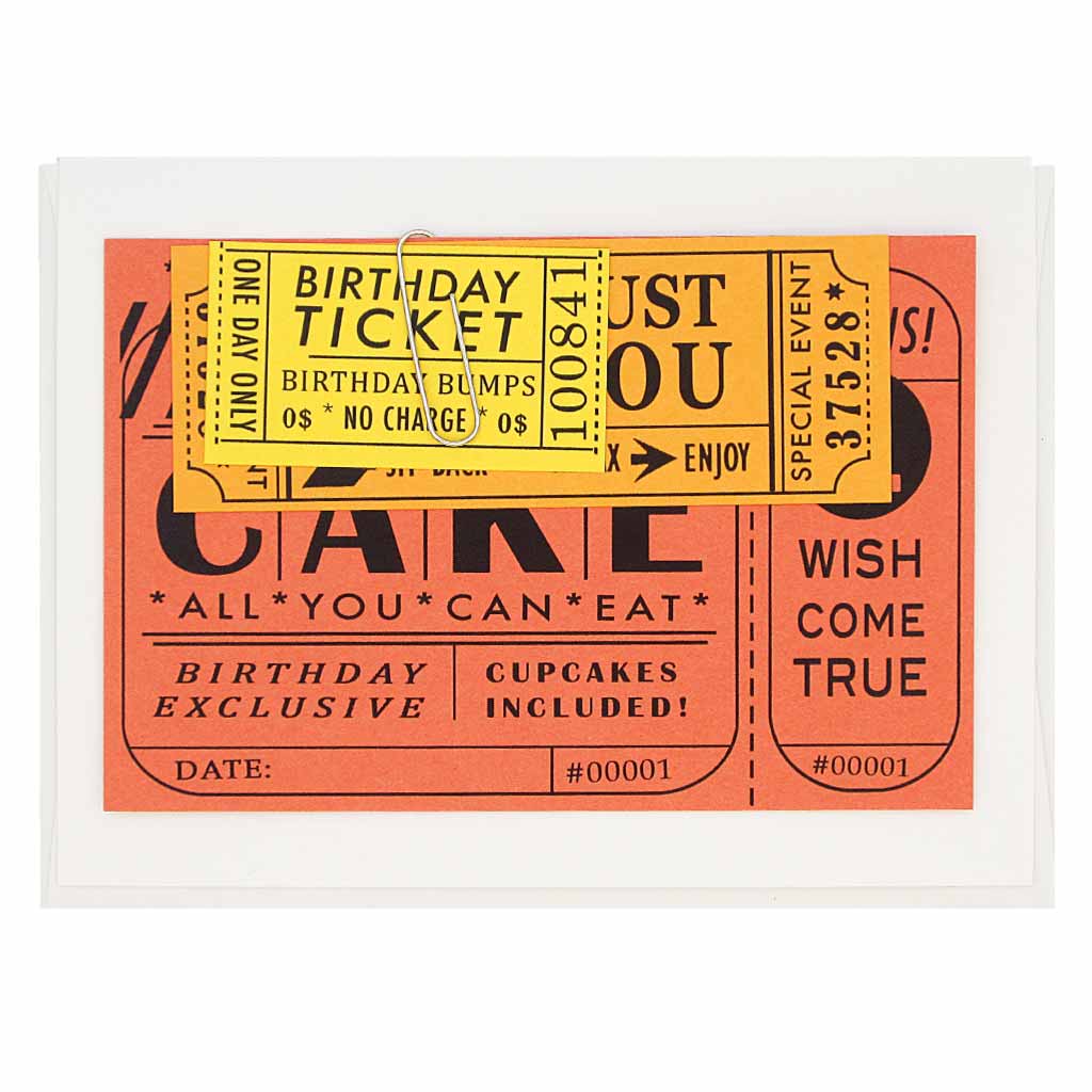 This birthday card comes with three clever little tickets to be used by the recipient. Tickets, which have coupons for things like the birthday bumps and extra cake, are attached to the card with a handy paperclip. Measures 4¼” x 5½”, comes with a white envelope & is blank inside. Designed by The Regional Assembly of Text.