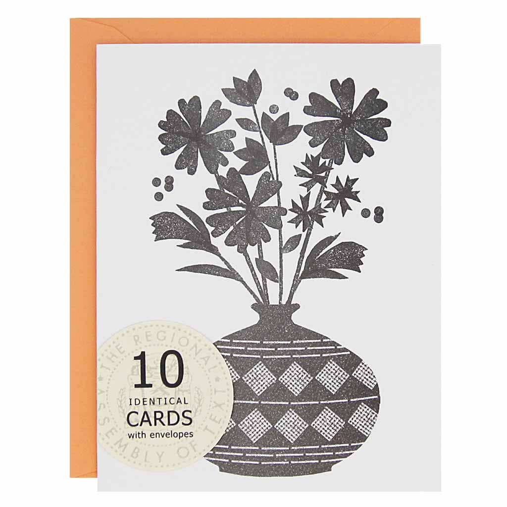 This lovely bouquet is perfect for any occasion: thank you, get well, congratulations, just to name a few. Boxed set contains 10 identical cards with a black and white lino cut inspired image of a bouquet of flowers in a vase(blank inside) & 10 coral envelopes. Cards measure 4¼” x 5½”.