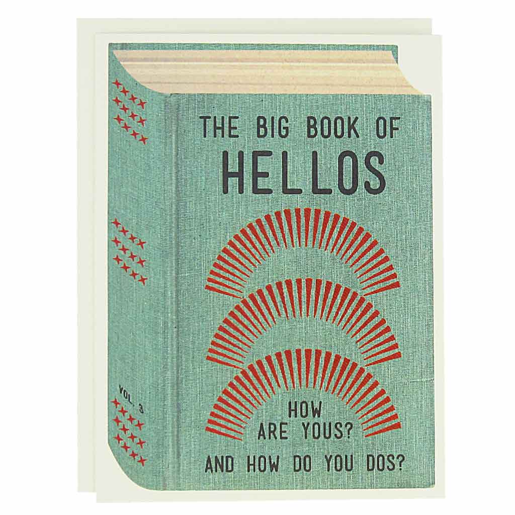 Say hello to all the bookish types in your life. Features a collage of a vintage book cover that reads 'The Big BOok of Hellos, How are Yous and How do you Dos?'Boxed set contains 12 identical cards (blank inside) & 12 cream envelopes. Cards measure 4¼” x 5½”.