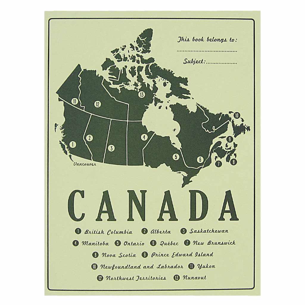 This little notebook is inspired by vintage school composition books from days gone by. It is light green with a dark green map of Canada and a list of all the provinces and territories. Contains 14 pages of plain recycled paper. Measures 5 ¼” x 7” and is staple bound. Designed by The Regional Assembly of Text.
