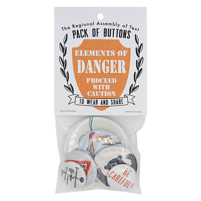 This pack of buttons has 6 buttons of varying sizes. Button images include Danger themed buttons. Designed by The Regional Assembly of Text.