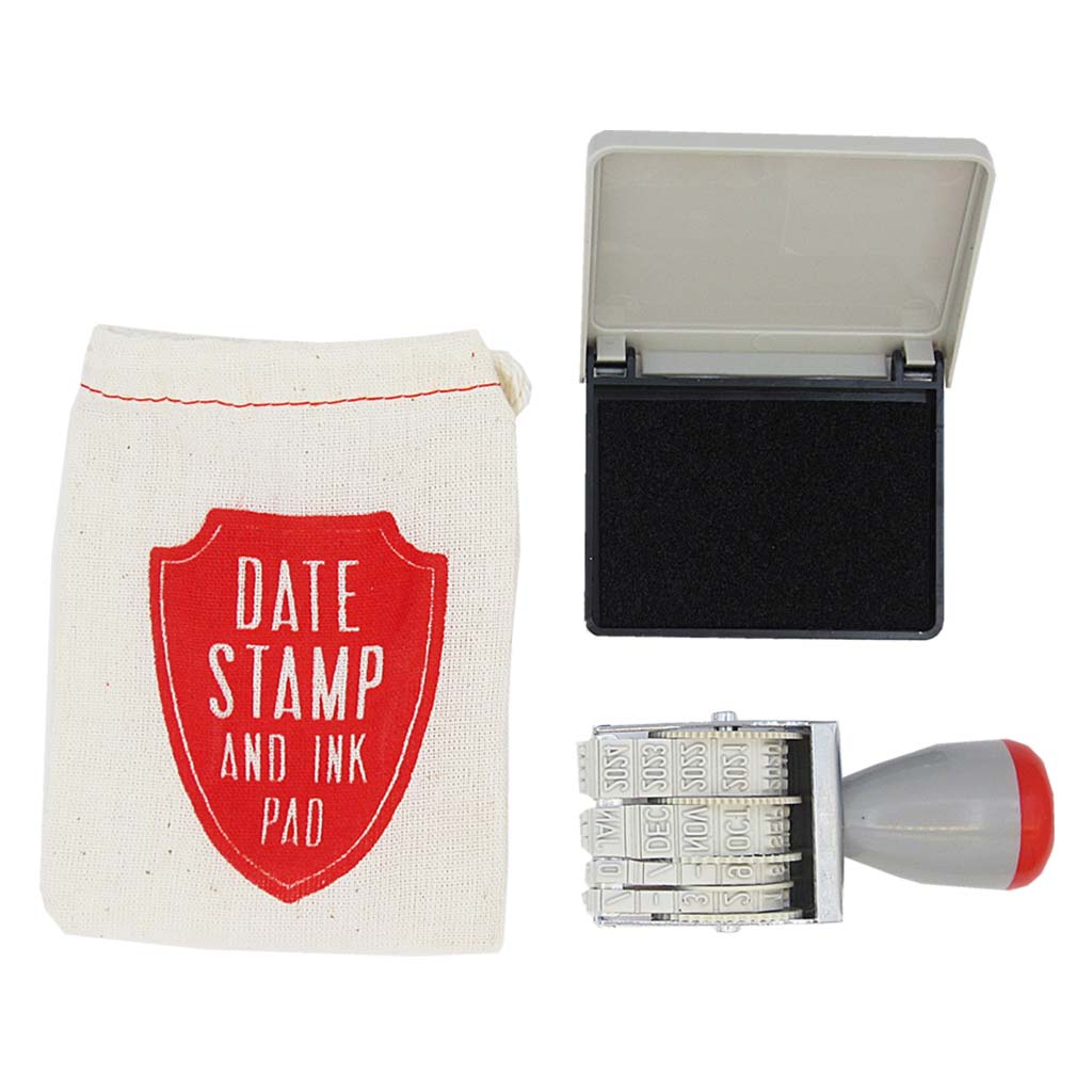 This is a little muslin bag containing a date stamp and black ink pad. The bag has a red print on the front that describes the contents. Perfect to make all your documents official. Measures approximately 3” x 4”. Designed by The Regional Assembly of Text.