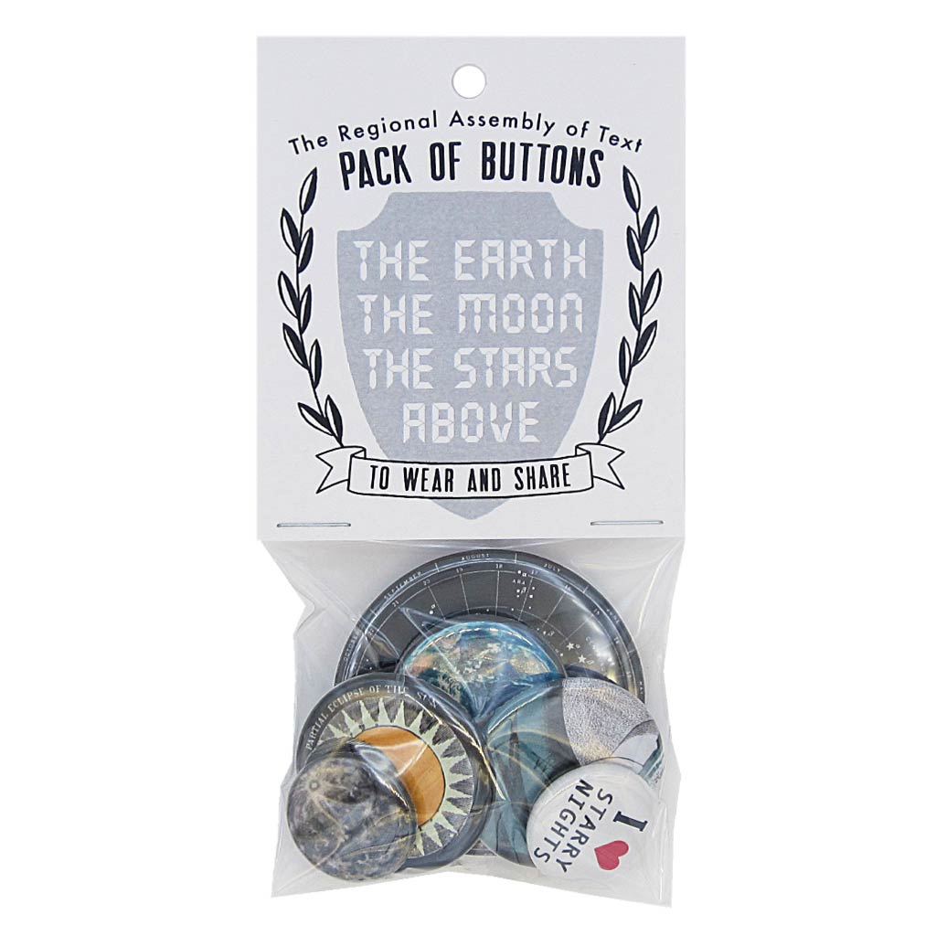This pack of buttons has 6 buttons of varying sizes. Button images include Outer Space themed buttons. Designed by The Regional Assembly of Text.