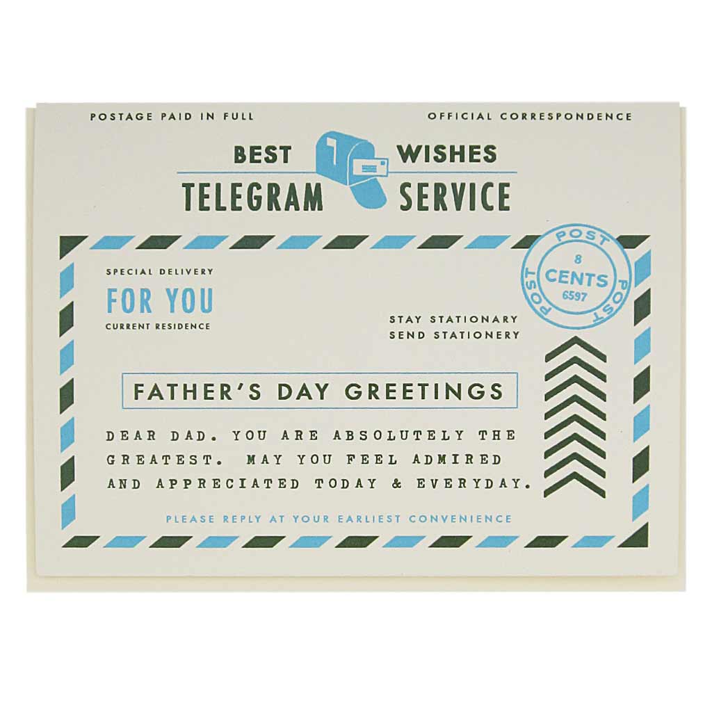 This card looks like a vintage telegram. Let your dad know you are thinking of him with this heartfelt card. Measures 4¼” x 5½”, comes with a cream envelope & is blank inside.