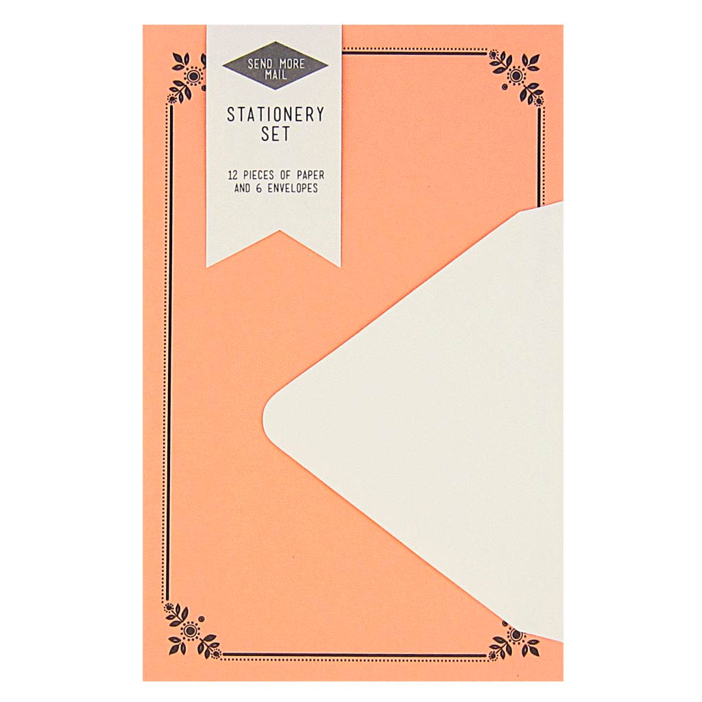This stationery set comes with 12 identical floral pieces of coral pink paper and 6 soft white envelopes. Paper folds in half to fit inside the 4 ¼” x 5 ½” envelopes.