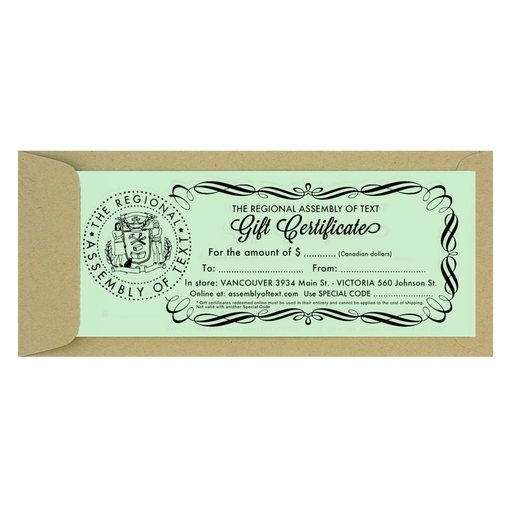 This is a Paper Gift Certificate that will be sent in the mail. It is redeemable in either of our Vancouver or Victoria stores, or in our online shop. Select the desired dollar amount in the drop down menu and we will mail it by post. If you are buying it as a gift and it is being mailed directly to them, please indicated the name & address of the recipient as the shipping address & your name as you would like it to appear on the gift certificate.