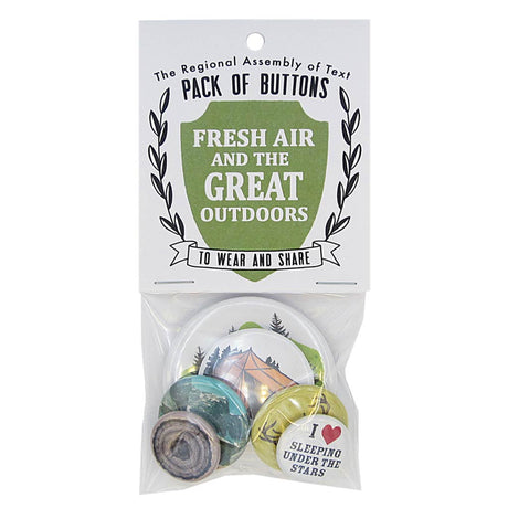 This pack of buttons has 6 buttons of varying sizes. Button images include Outdoor themed buttons. Designed by The Regional Assembly of Text.