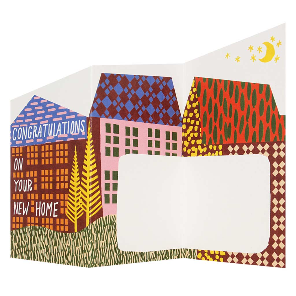 This sweet little greeting card unfolds into a landscape with space to write a heartfelt message. Collage of a brightly coloured landscape with houses and text that reads 'Congratulations on your new home'. Measures 3” x 5½” and comes with an orange envelope.