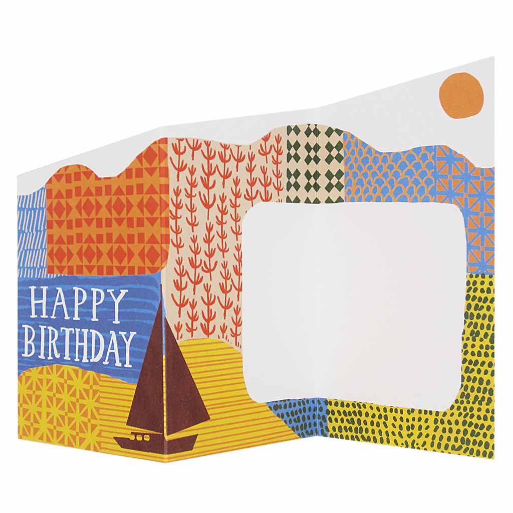 This sweet little accordian birthday card unfolds into a pretty, colourful landscape with space to write a heartfelt message. Measures 3” x 5½” and comes with an orange envelope.