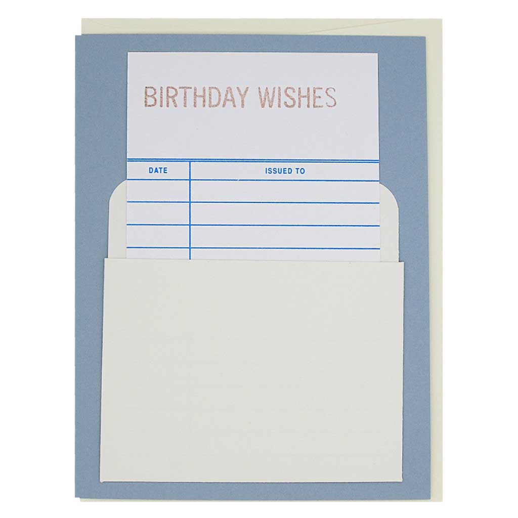 This nostalgic card has a real library card that slides in & out of a real library pocket. Fill in the birth date and name of the recipient to personalize. Card measures 4¼” x 5½”, comes with a cream envelope & is blank inside.