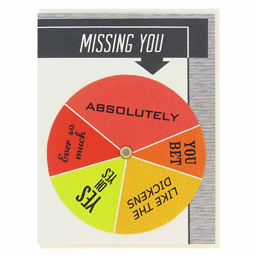 This card has text at the top that says ‘Missing You’ and an arrow pointing to a colourful wheel that you can spin to select different sentiments including… ‘Ever so Much, Yes Oh Yes, Absolutely’. Card measures 4¼” x 5½”, comes with a cream envelope & is blank inside. Designed by The Regional Assembly of Text.