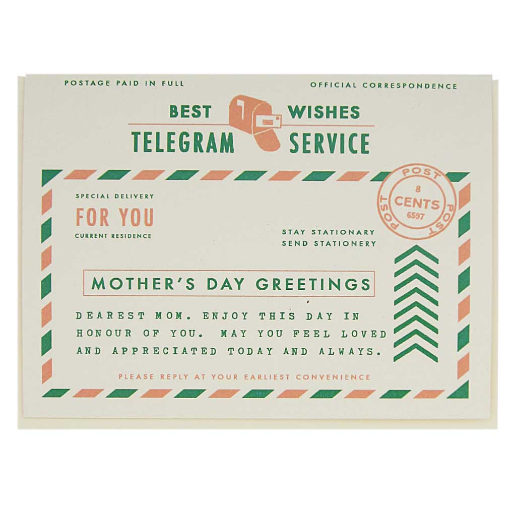 This card looks like a vintage telegram with mother's day greetings. Let your mom know you are thinking of her with this heartfelt card. Measures 4¼” x 5½”, comes with a cream envelope & is blank inside.