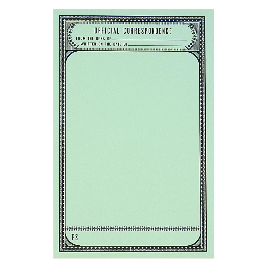 This stationery set comes with 12 identical patterned pieces of mint green paper with the text 'Official Correspondence' and 6 grey envelopes. Paper folds in half to fit inside the 4 ¼” x 5 ½” envelopes.