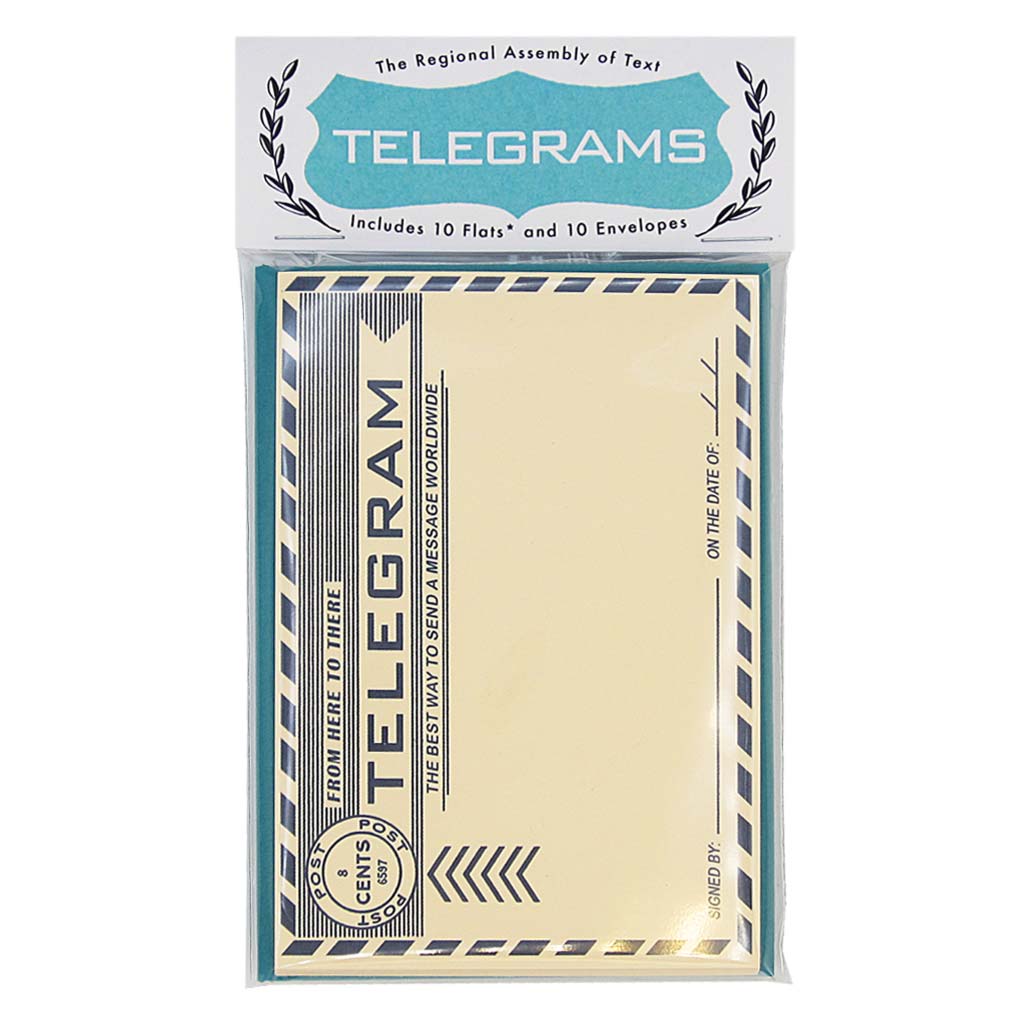 Send an official telegram with your important news on these classic flats. This set includes 10 identical flats & 10 peacock coloured envelopes and measures 3¾ ” x 5”.½”. Designed by The Regional Assembly of Text.