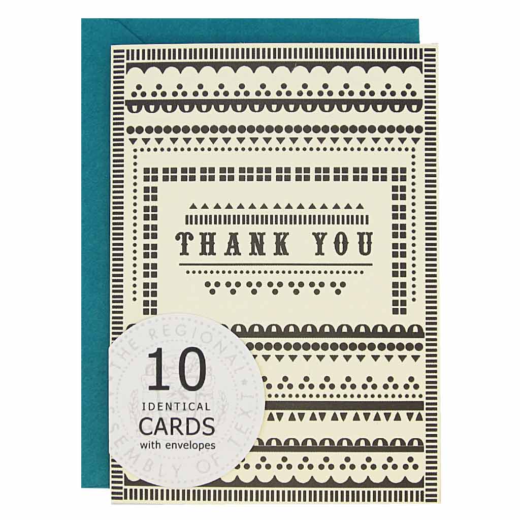 These pretty little thank yous are a sure crowd pleaser. Card features a black pattern on a cream card with the words 'Thank You' in the middle. Boxed set contains 10 identical cards (blank inside) & 10 peacock envelopes. Cards measure 3½”x 5”.