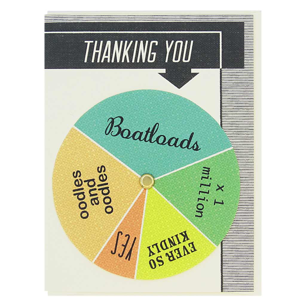 This thank you card has text at the top that says ‘Thanking You’ and an arrow pointing to a colourful wheel that you can spin to select different sentiments including… ‘Boatloads, Ever so Kindly, Oodles and Oodles. Card measures 4¼” x 5½”, comes with a cream envelope & is blank inside. Designed by The Regional Assembly of Text.