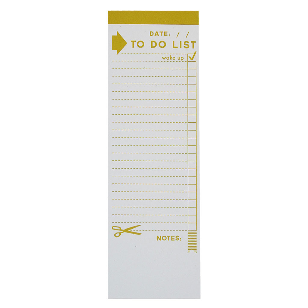 This tall handy notepad is perfect for all of your list making needs. It is long and narrow and has a mustard yellow checklist with the text “To Do List” up top and some check boxes. Measures 2½”x 8″ and has approximately 50 pages of recycled paper. Designed by The Regional Assembly of Text.