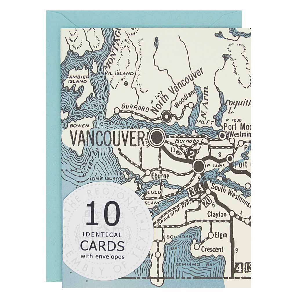 These Vancouver British Columbia themed cards are perfect writing a little hello. Features a map of the Vancouver area with a blue ocean.Boxed set contains 10 identical cards (blank inside) & 10 light blue envelopes. Cards measure 3½”x 5”.