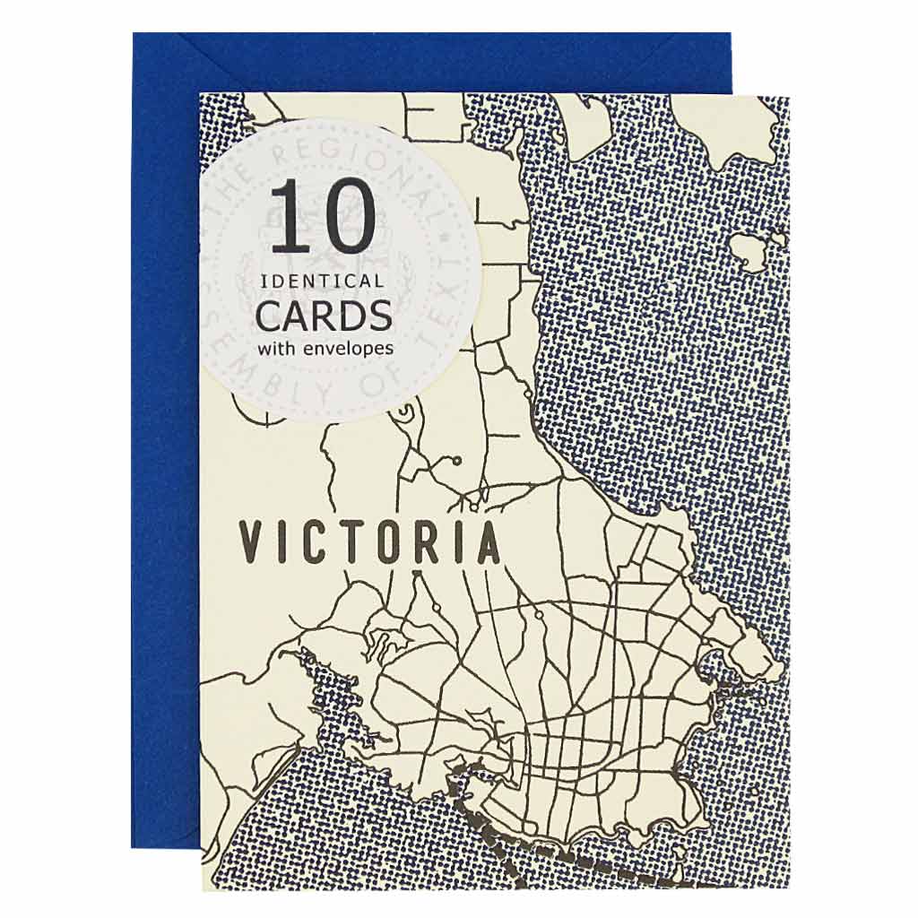 These Victoria British Columbia themed cards are perfect for sending your regards. Features a map of Victoria BC with blue water surrounding. Boxed set contains 10 identical cards (blank inside) & 10 royal blue envelopes. Cards measure 3½”x 5”.