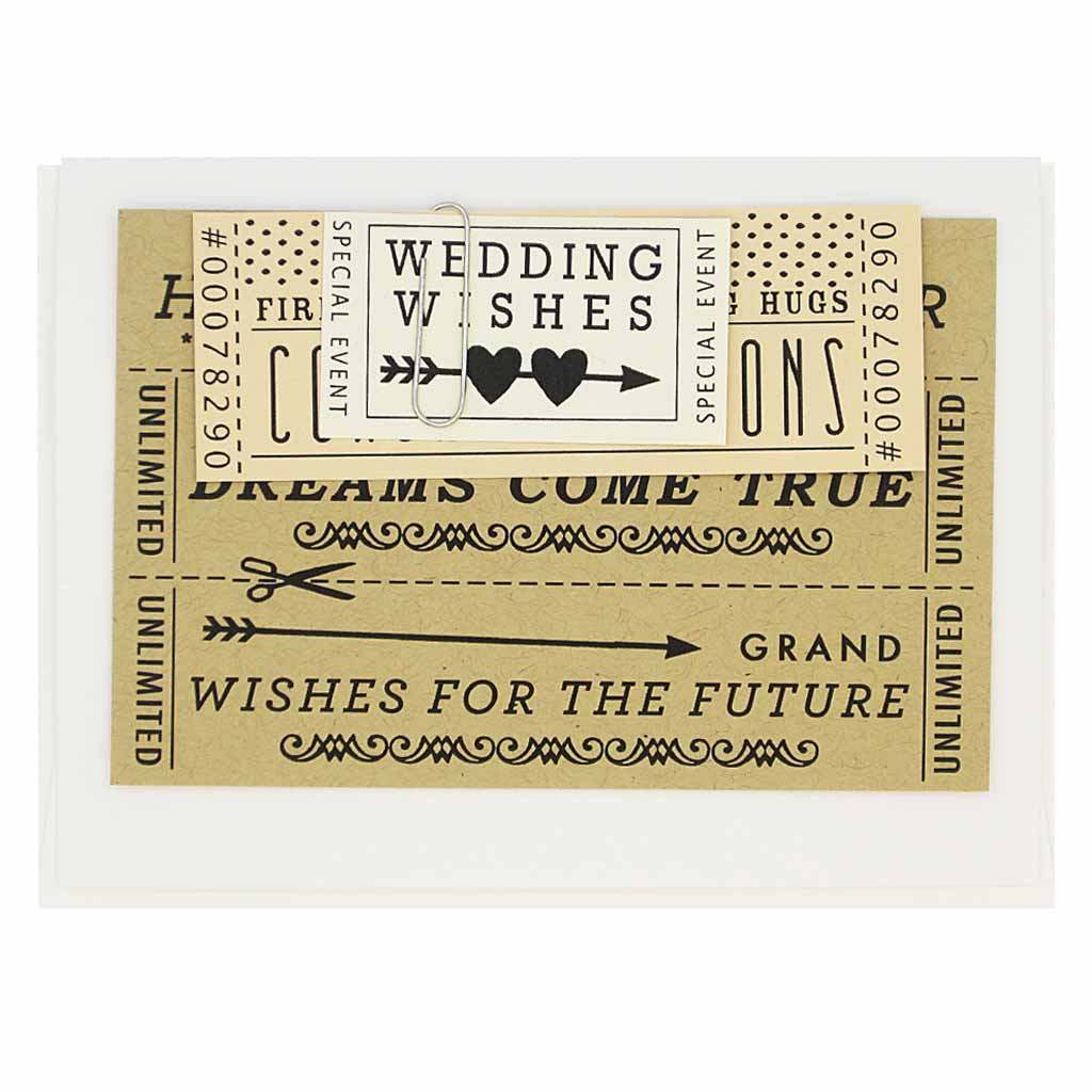 This wedding greeting card comes with three clever little tickets to be used by the recipient. Tickets, which have coupons for things like firm handshakes, big hugs and best wishes are attached to the card with a handy paperclip. Measures 4¼” x 5½”, comes with a white envelope & is blank inside. Designed by The Regional Assembly of Text.