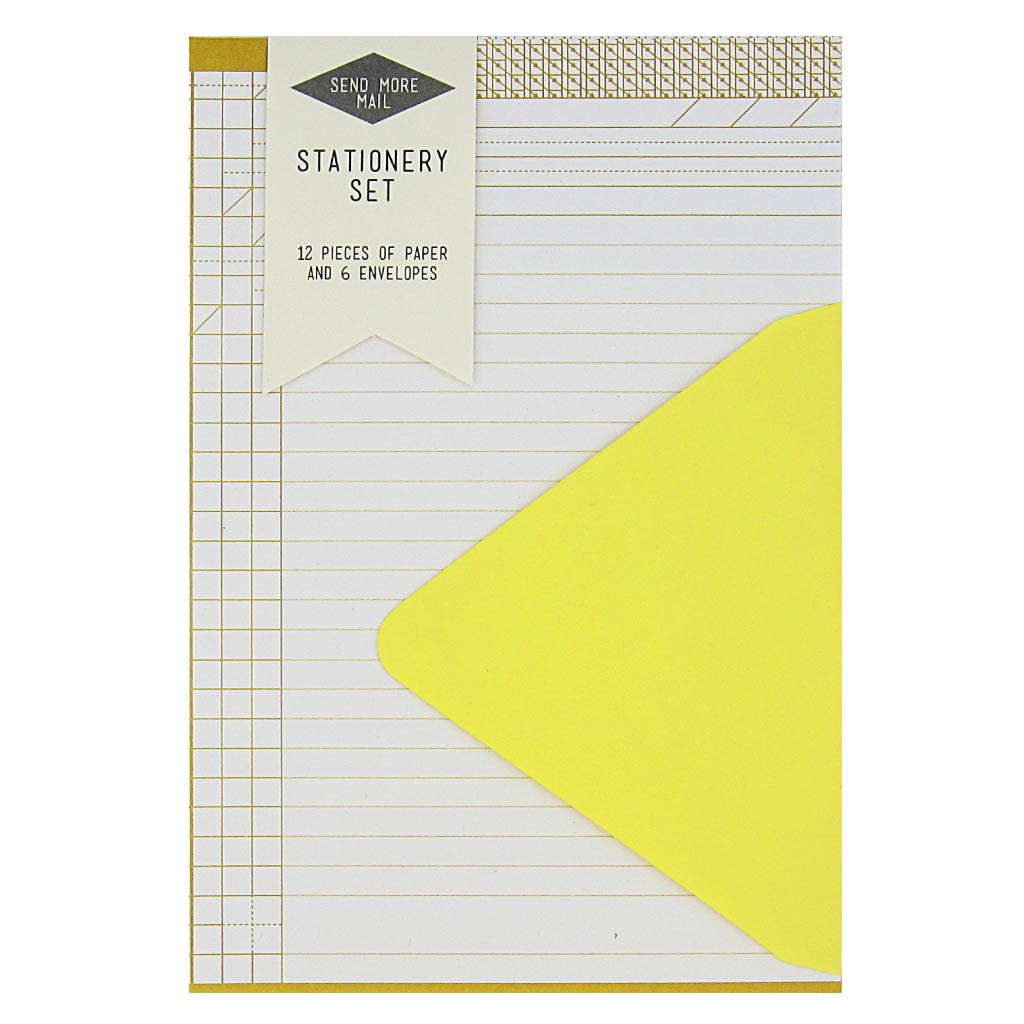 This stationery set comes with 12 identical yellow graph pieces of paper and 6 sunshine yellow envelopes. Paper folds in half to fit inside the 4 ¼” x 5 ½” envelopes.