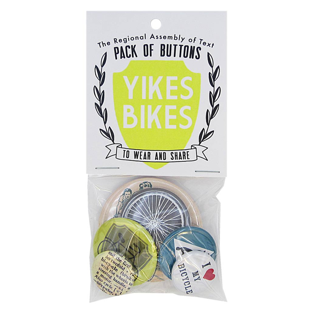 This pack of buttons has 6 buttons of varying sizes. Button images include bike themed buttons. Designed by The Regional Assembly of Text